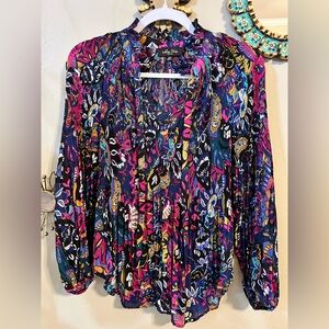 Melissa Paige Boho Pleated Long Sleeve Blouse | Ruffle Neck Multi Petite Small